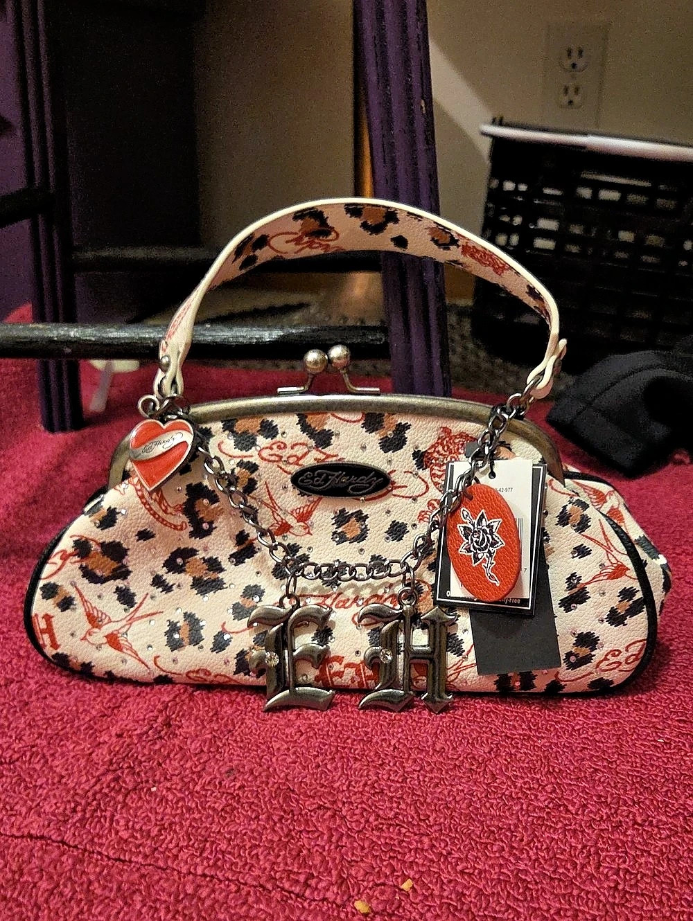 Ed Hardy Leopard Tattoo Print Kiss Lock Frame Handbag Mini Bag in Cream & Black